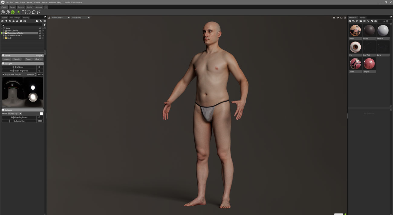 Marmoset Toolbag real-time scene render of a male 3D body scan with PBR lighting and materials